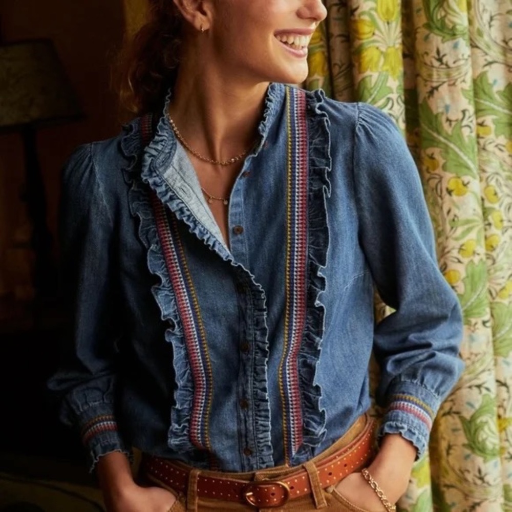 BODEN Isla Denim Embroidered Frill Detail Ruffle Button Front Shirt 8